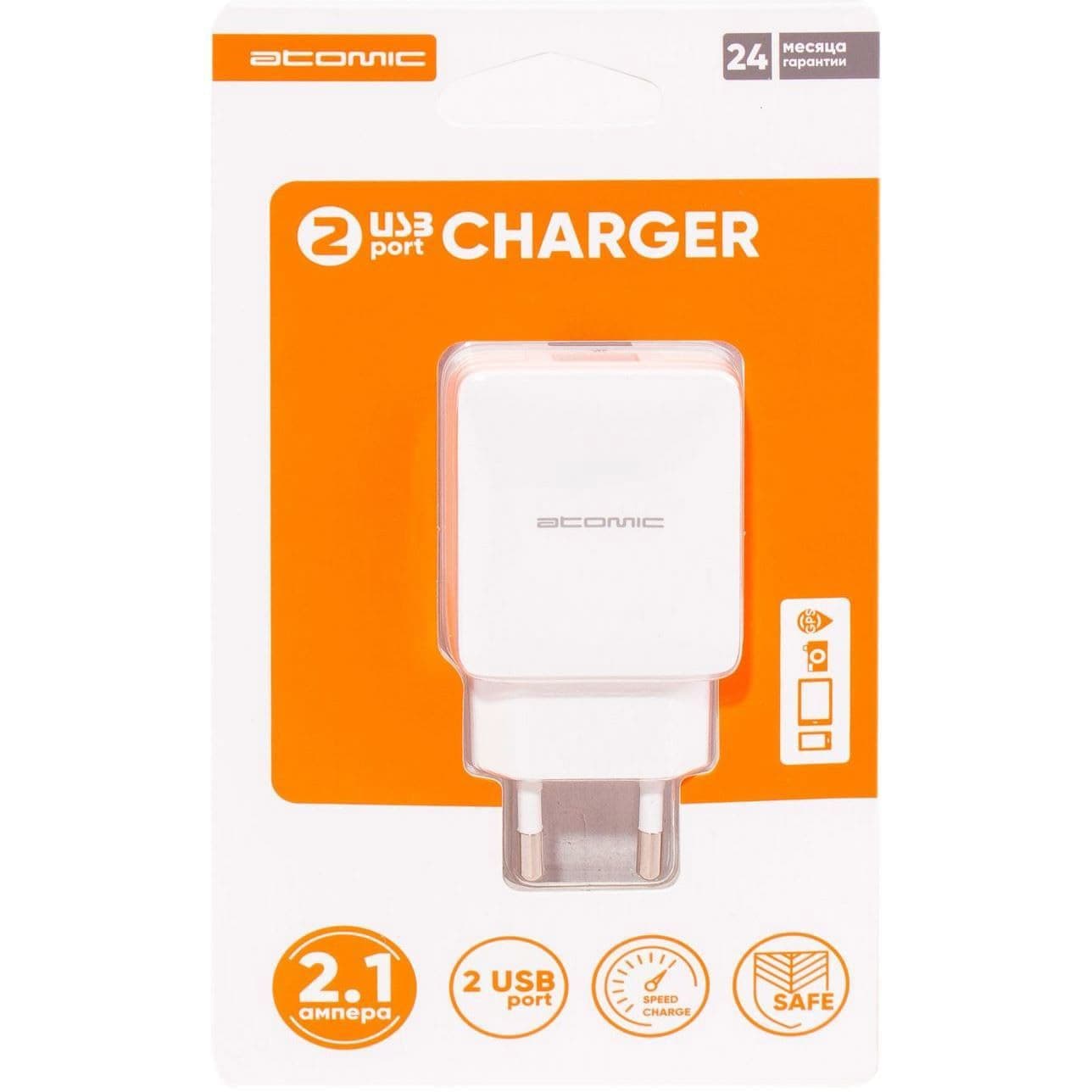 Сетевое зарядное устройство Atomic U208, 2USB, 2.1A, белый